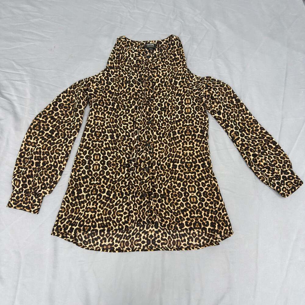 Nicole by Nicole Miller Leopard Print‎ Cold Shoulder Button Down Blouse Brown M
